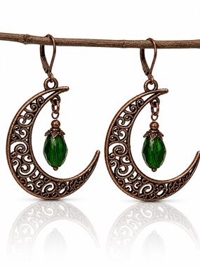 Vintage inspired Antique Copper Crescent Moon Earrings Green Drop Boho Celestial
